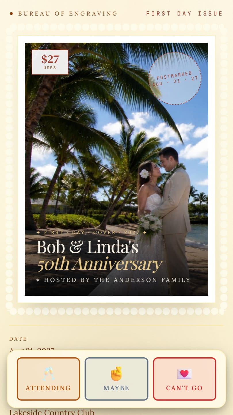 Anniversary example event page on a phone