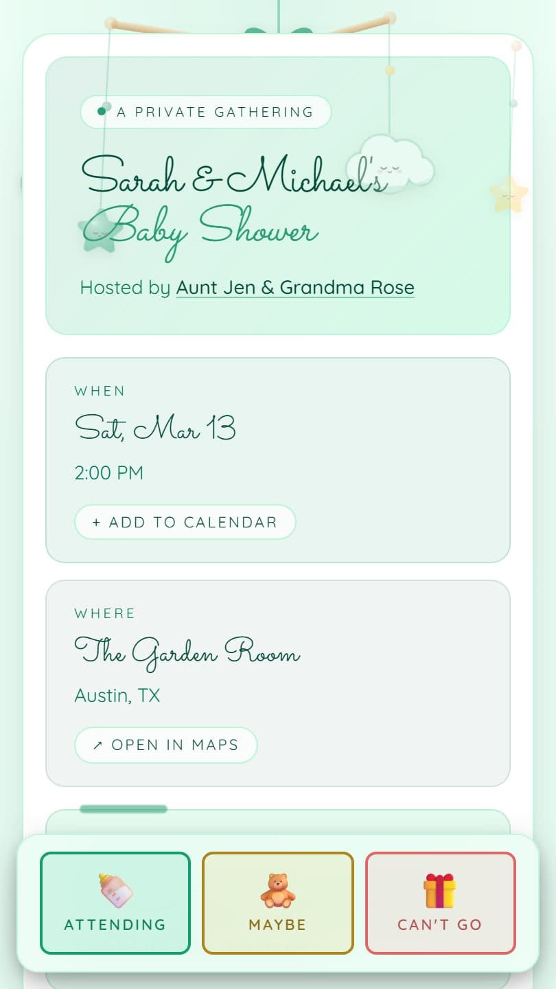 Baby Shower example event page on a phone