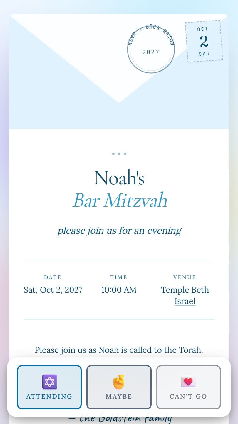 Bar Mitzvah example event page on a phone
