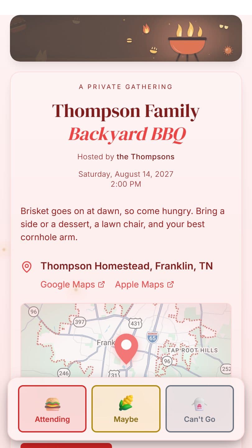 BBQ / Cookout example event page on a phone