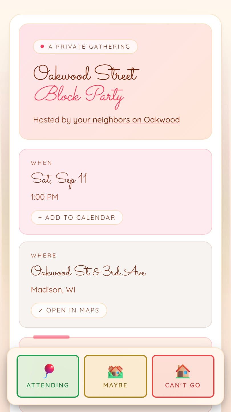 Block Party example event page on a phone