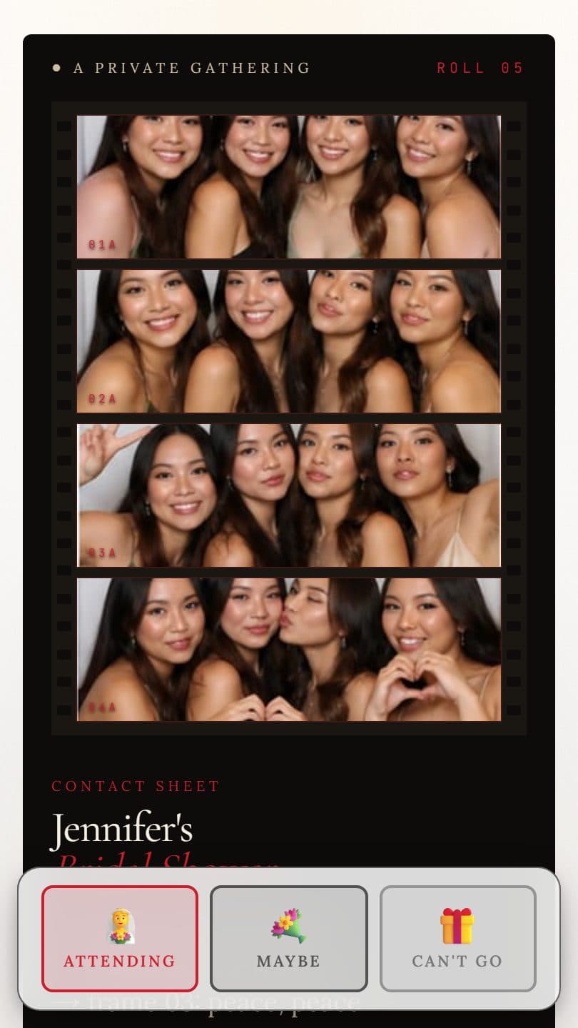 Bridal Shower example event page on a phone