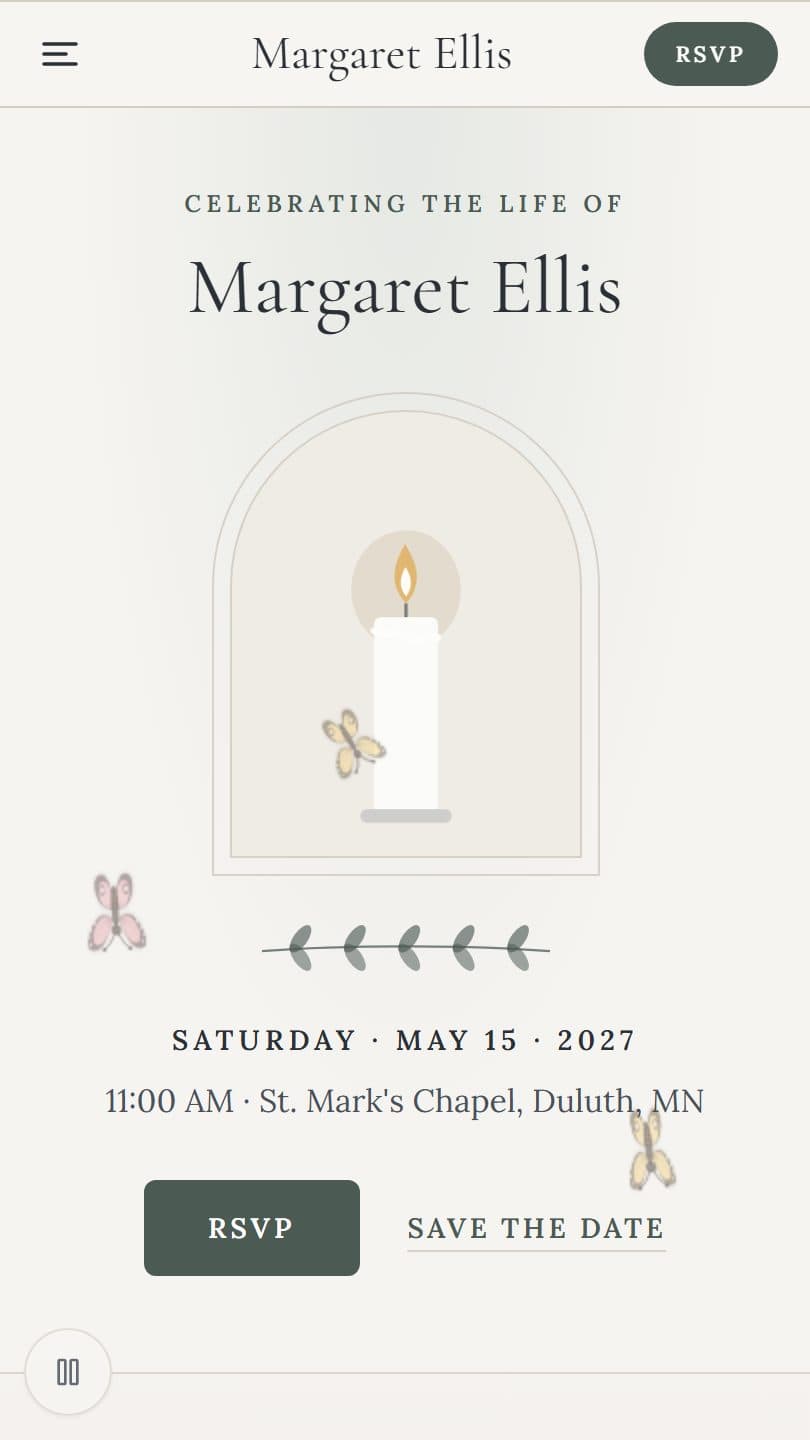 Celebration of Life example event page on a phone