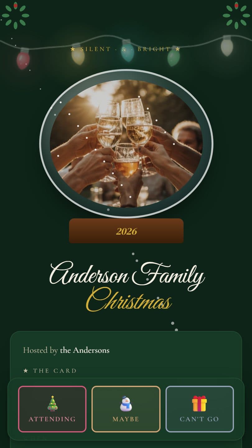 Christmas Party example event page on a phone