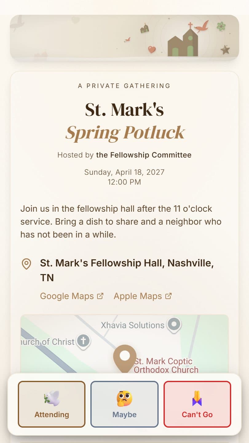 Church Event example event page on a phone