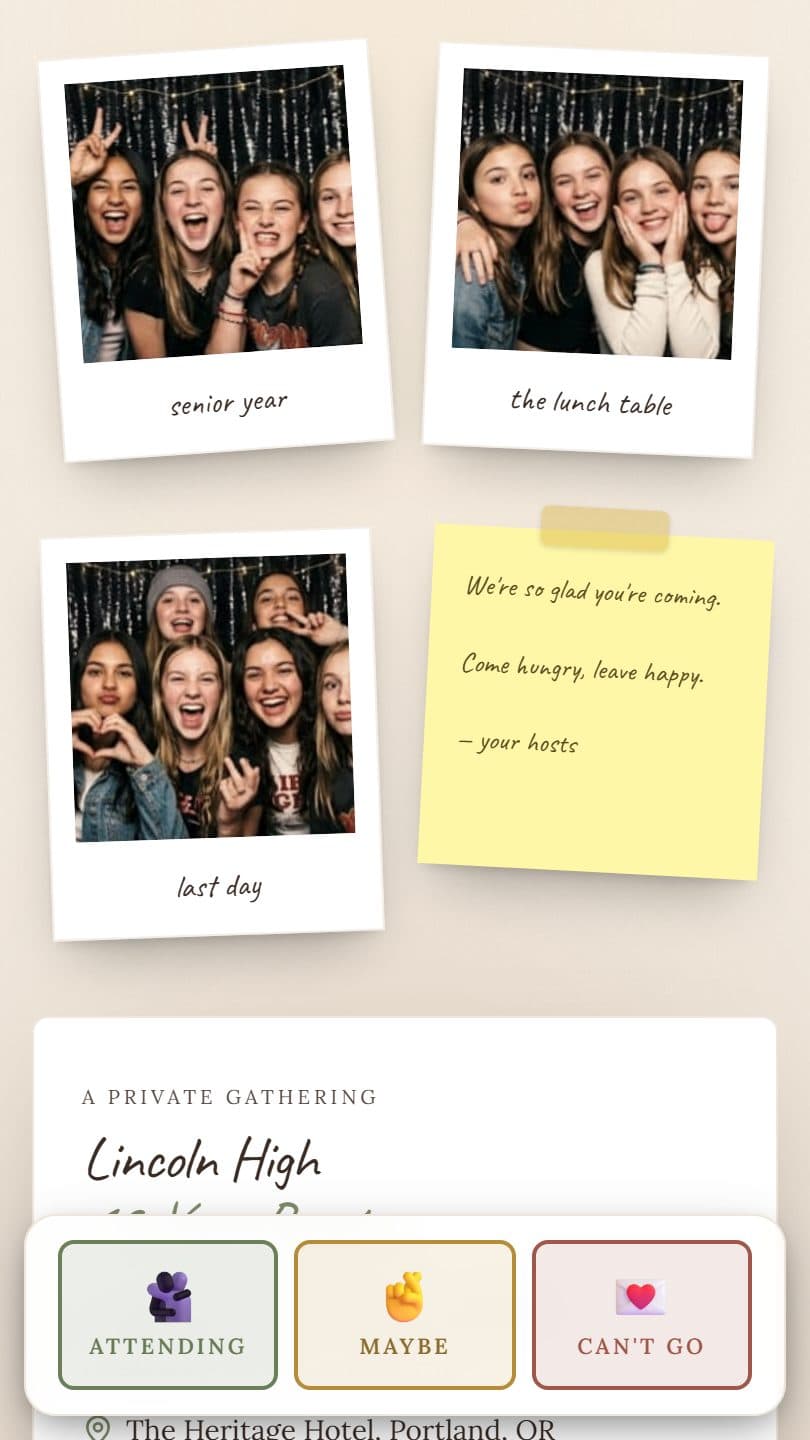 Class Reunion example event page on a phone