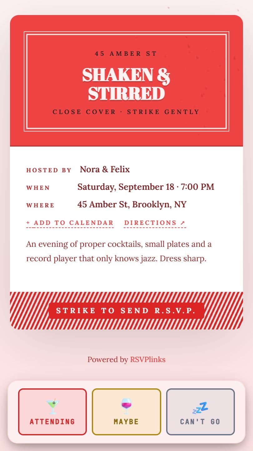 Cocktail Party example event page on a phone