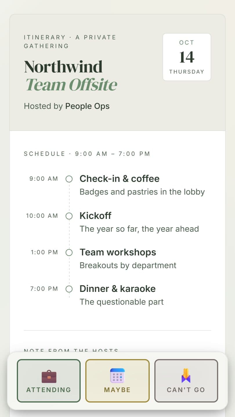 Company Event example event page on a phone
