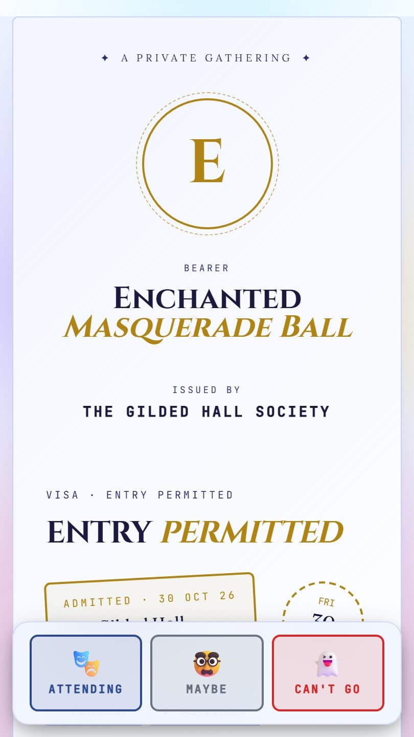 Costume Party example event page on a phone