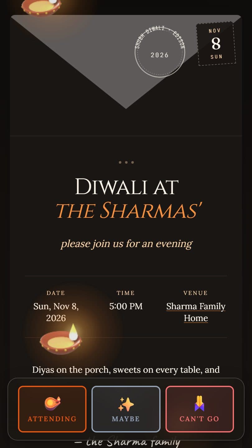 Diwali Celebration example event page on a phone