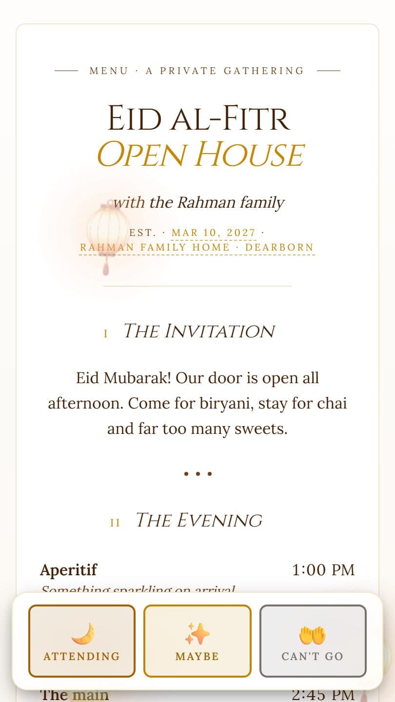 Eid Celebration example event page on a phone