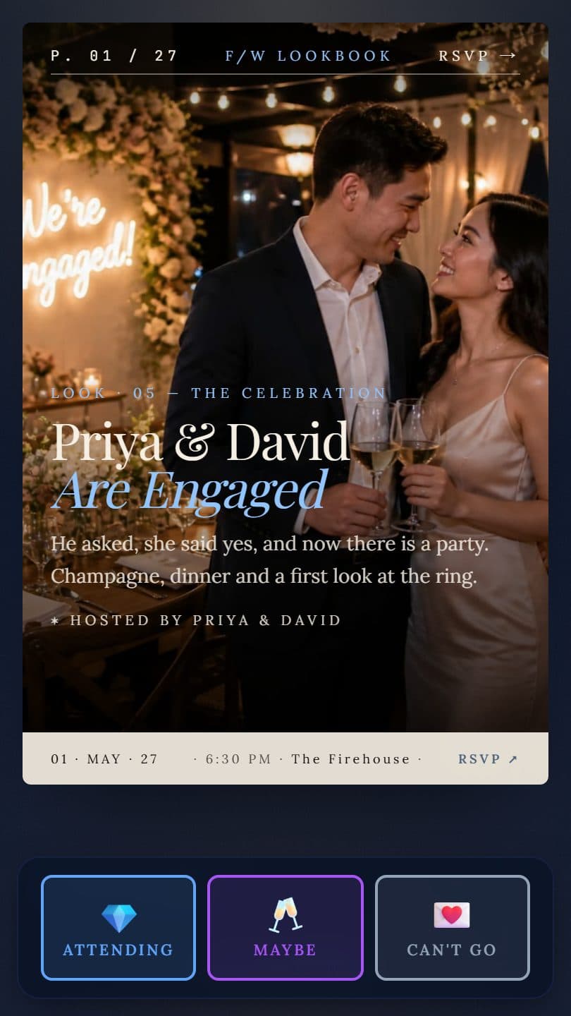 Engagement Party example event page on a phone