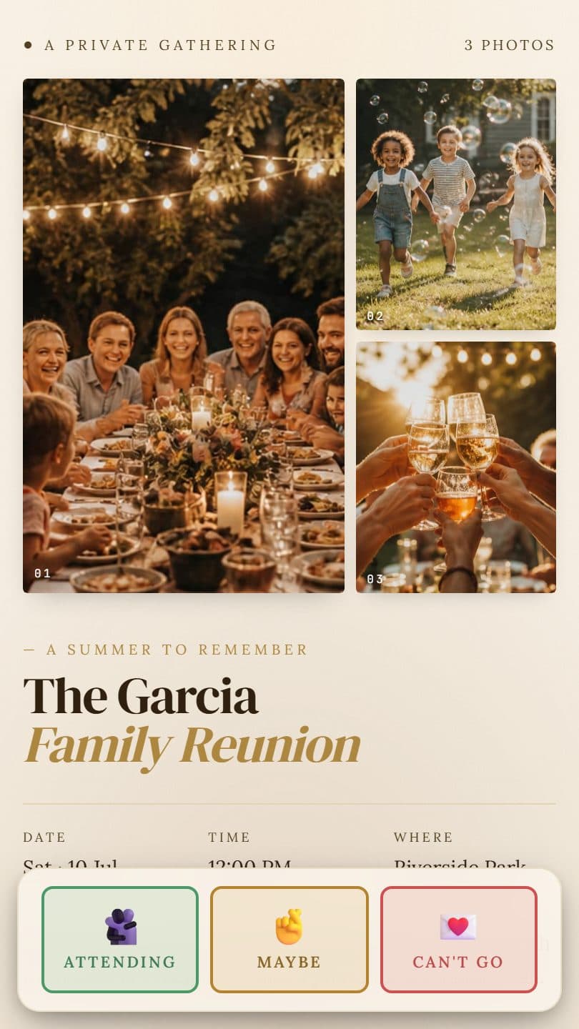 Family Reunion example event page on a phone