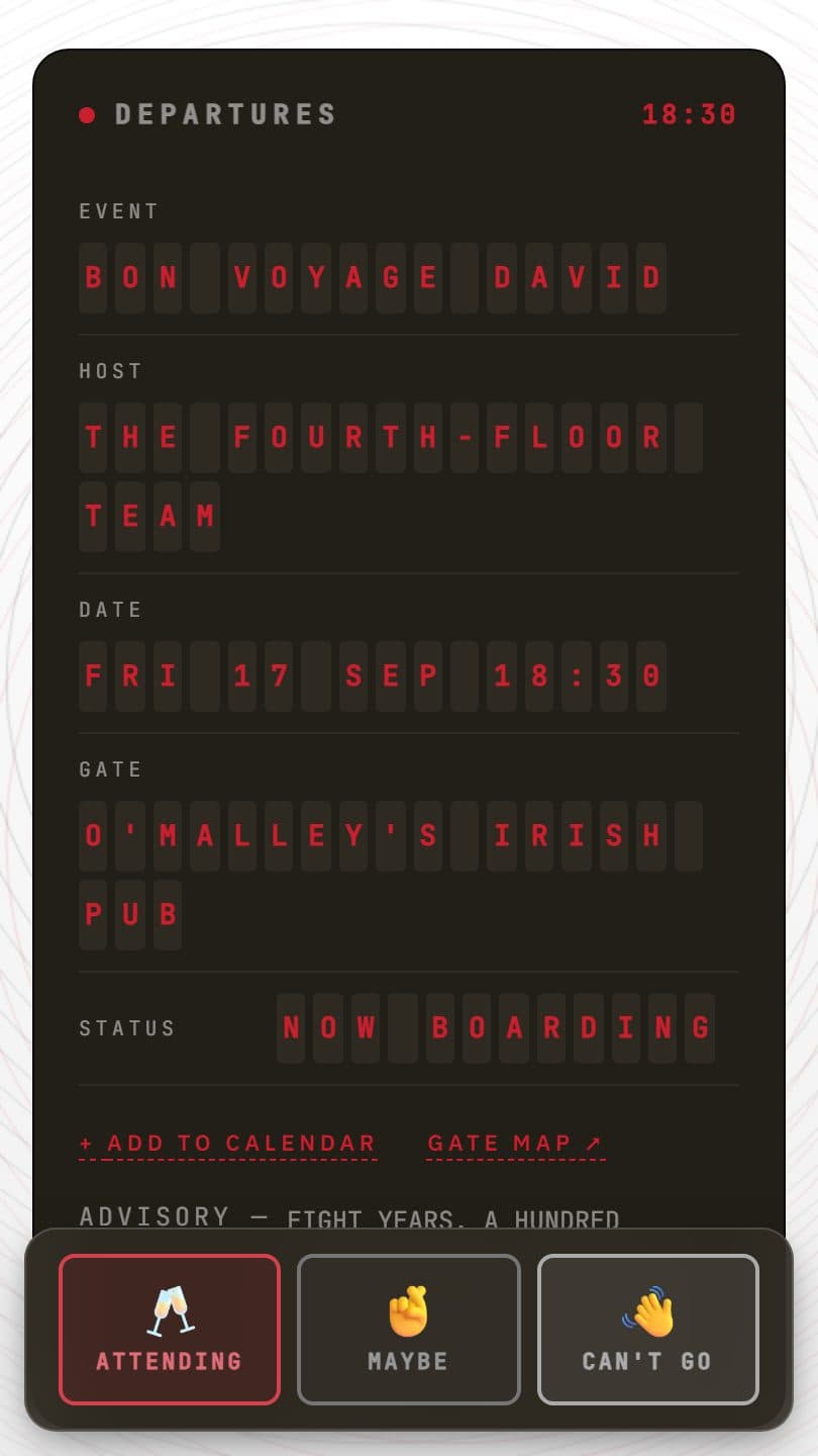 Farewell Party example event page on a phone