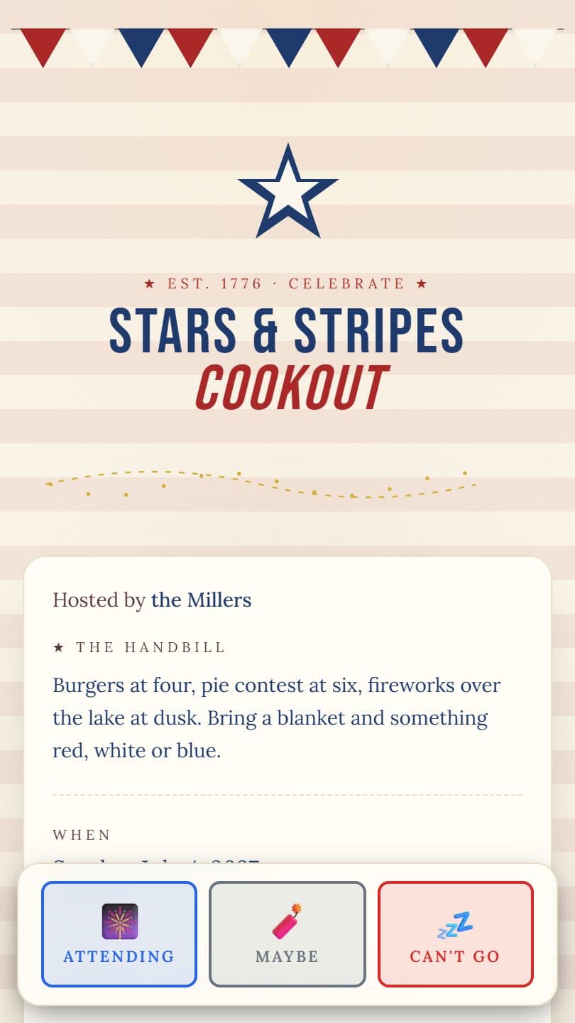 4th of July Party example event page on a phone