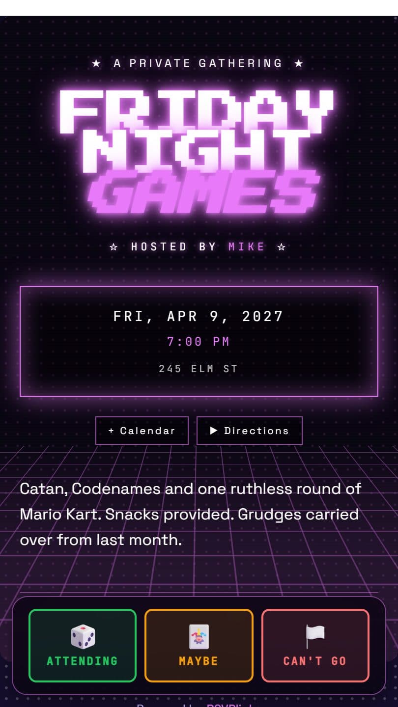 Game Night example event page on a phone