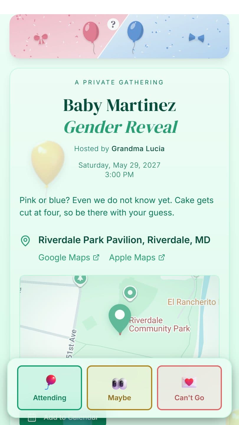 Gender Reveal Party example event page on a phone