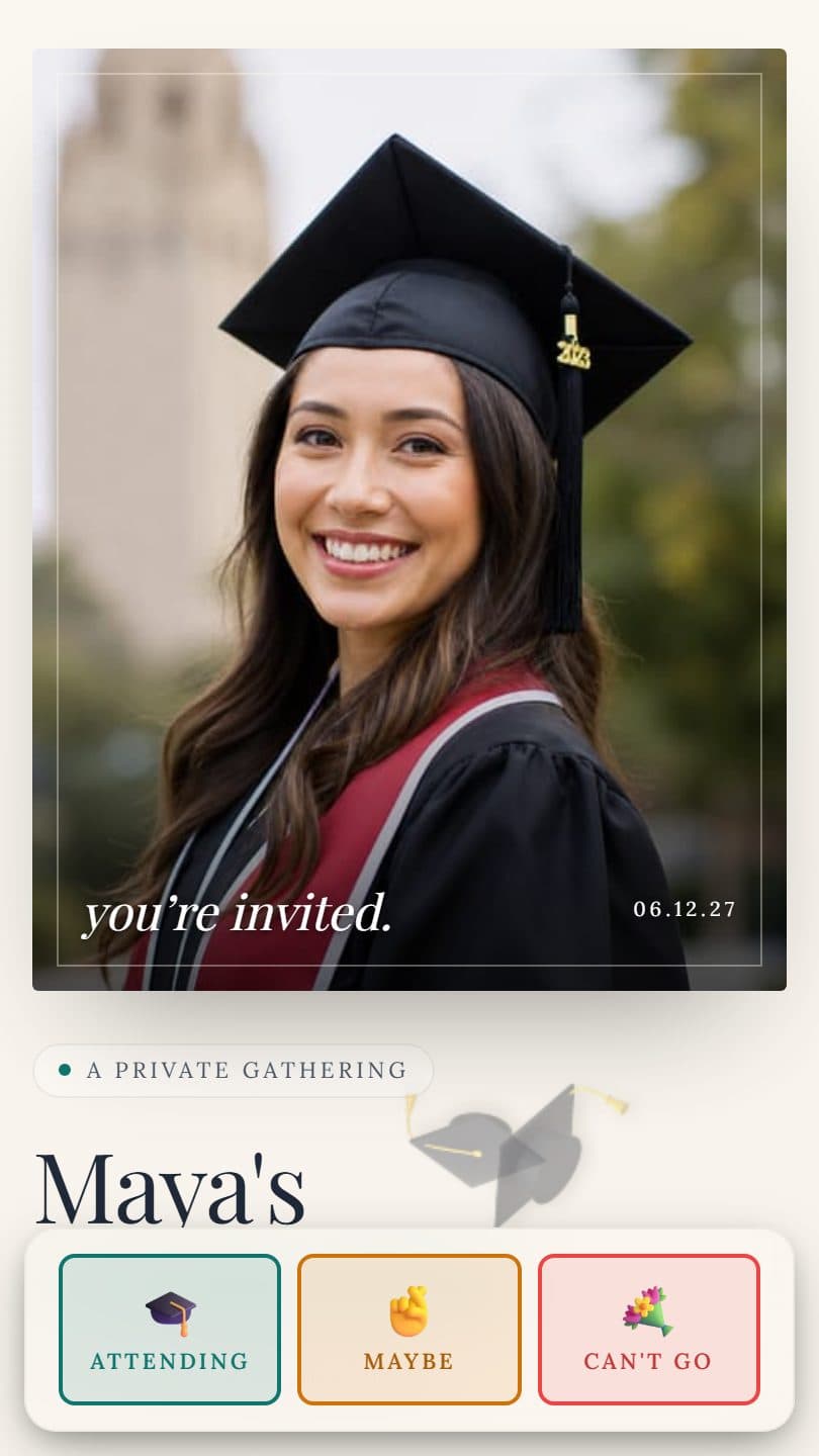 Graduation Party example event page on a phone