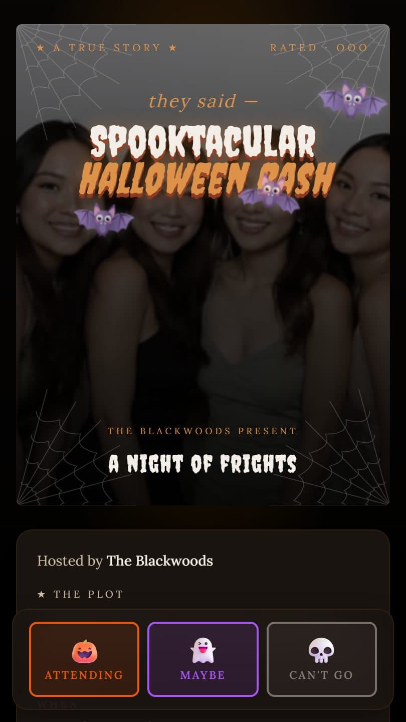 Halloween Party example event page on a phone