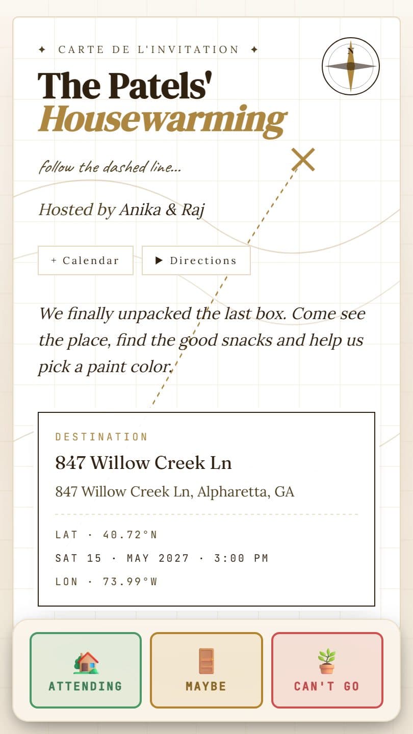 Housewarming example event page on a phone