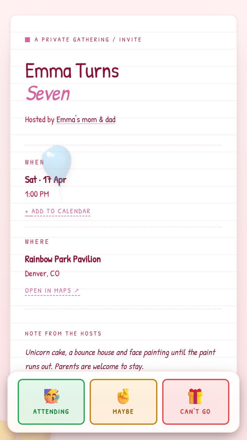 Birthday Party example event page on a phone