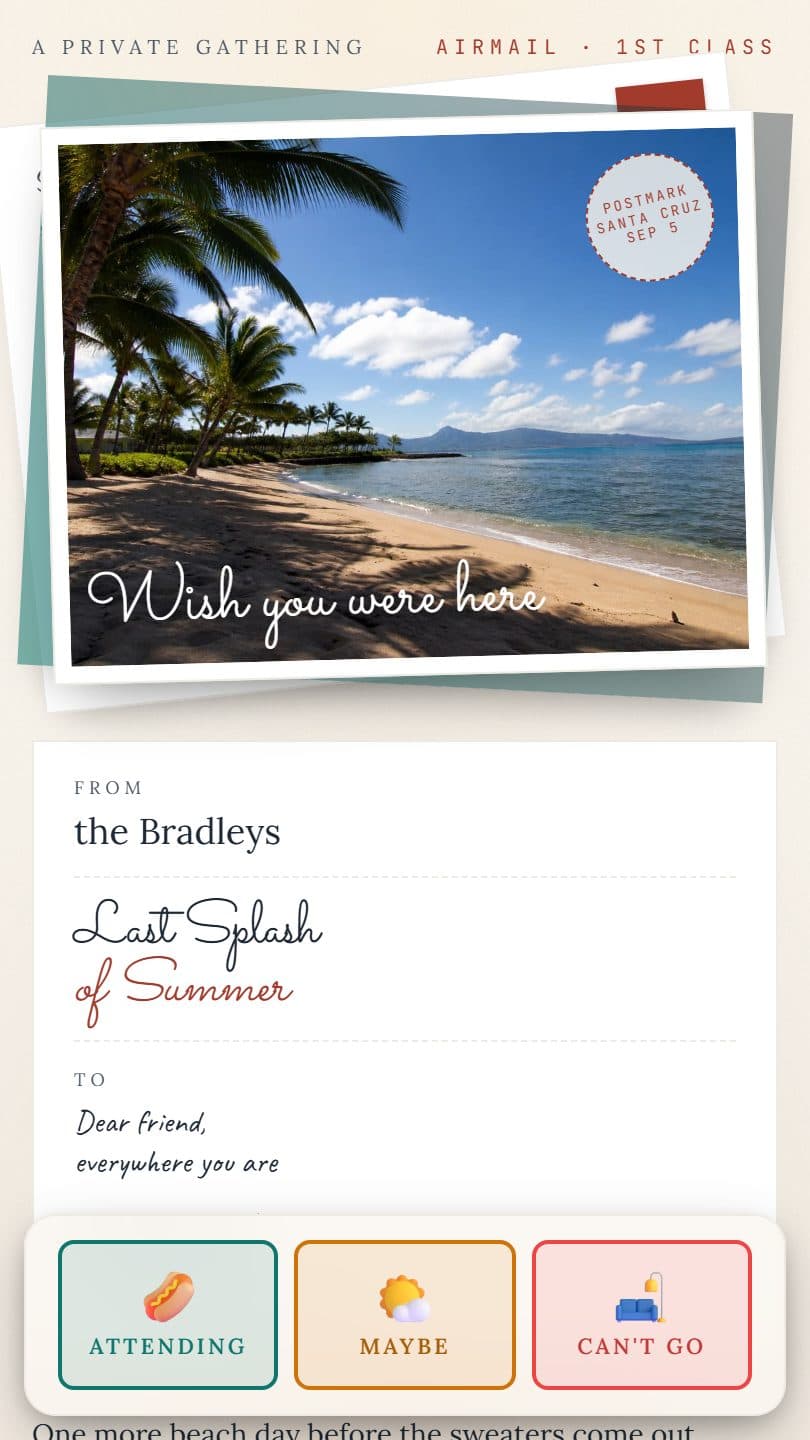 Labor Day Party example event page on a phone