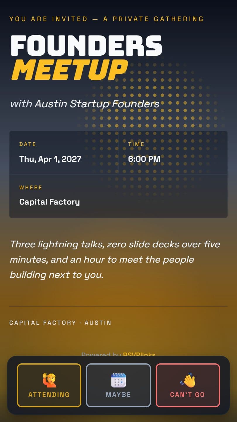 Meet Up invitation page on a phone, with the RSVP buttons