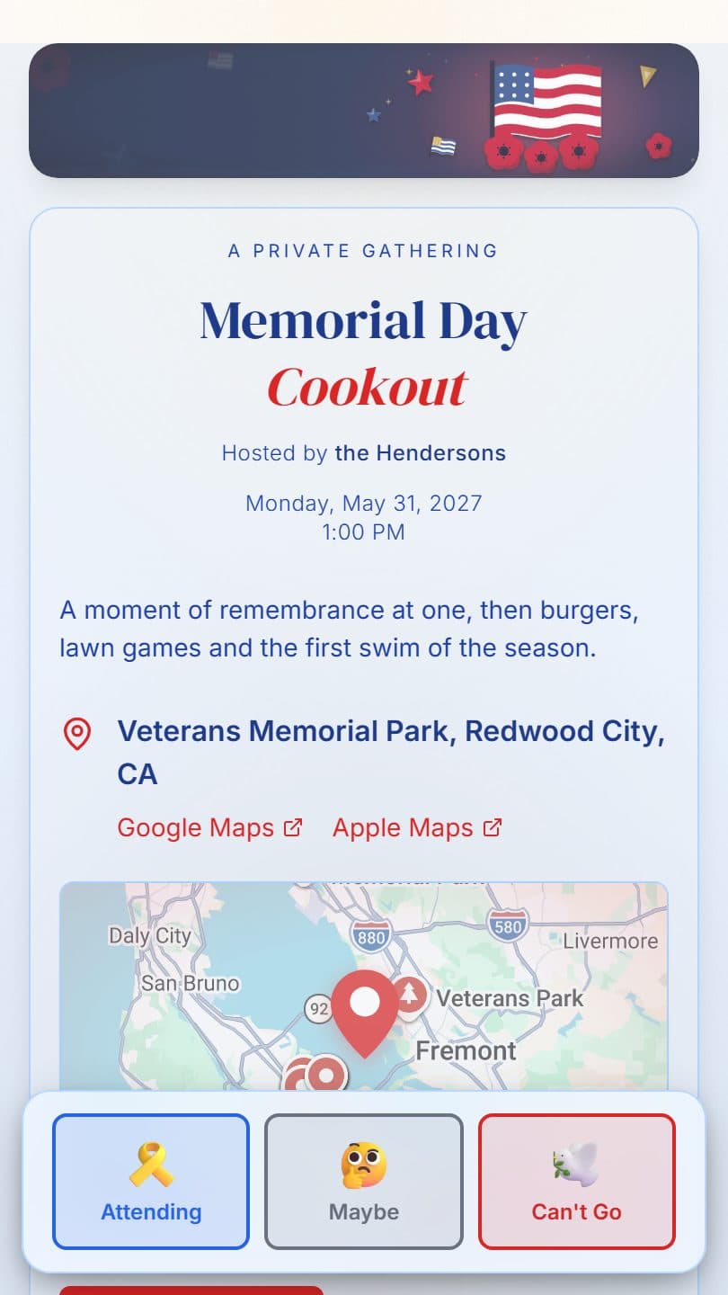 Memorial Day Party invitation page on a phone, with the RSVP buttons