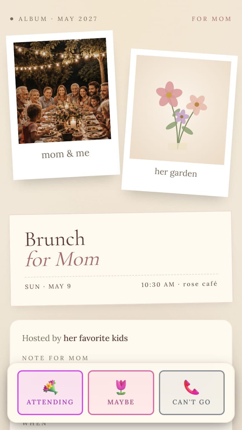 Mother's / Father's Day example event page on a phone