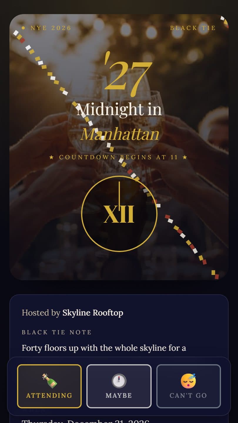New Year's Eve Party example event page on a phone