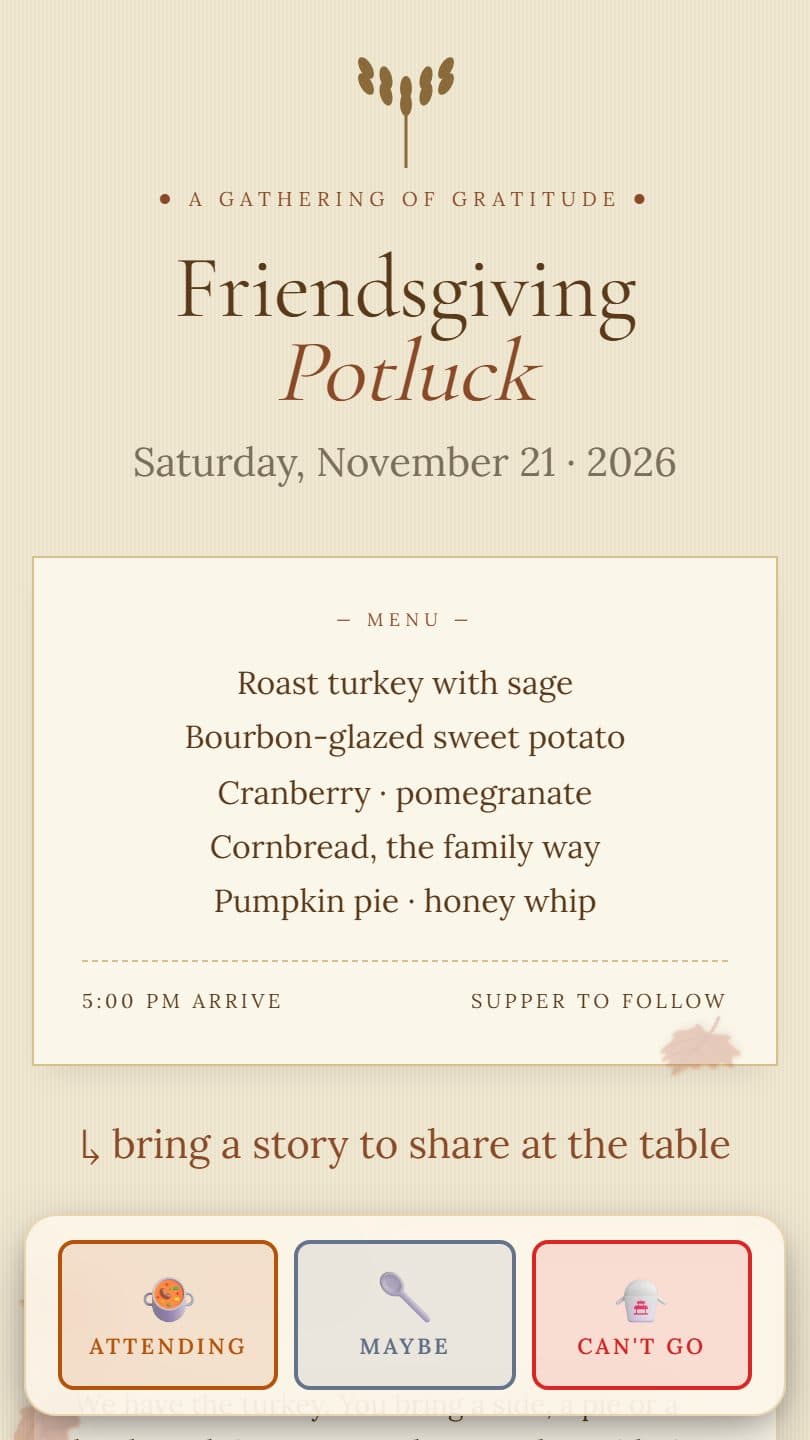 Potluck invitation page on a phone, with the RSVP buttons