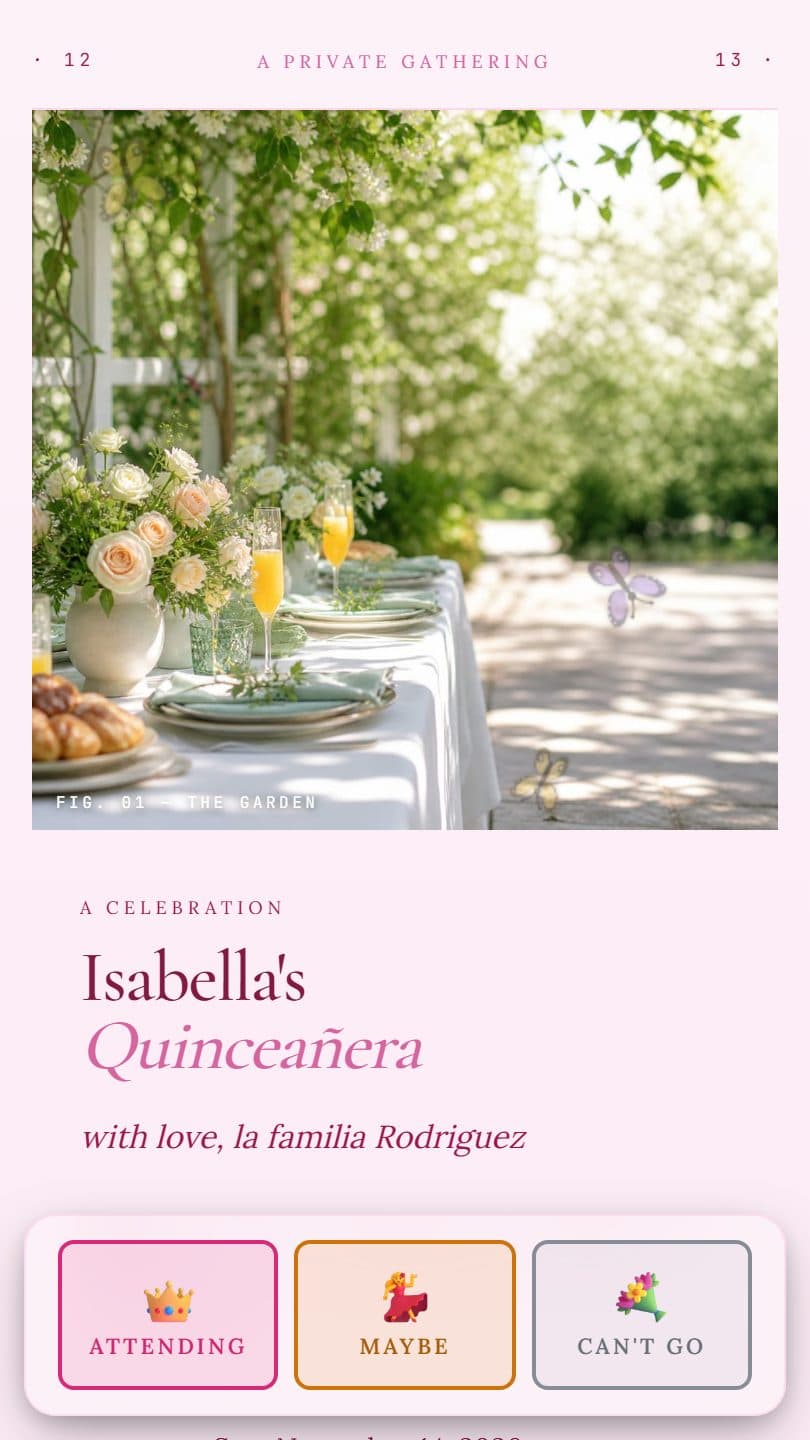 Quinceañera example event page on a phone
