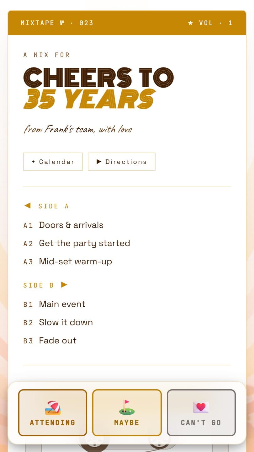 Retirement Party example event page on a phone