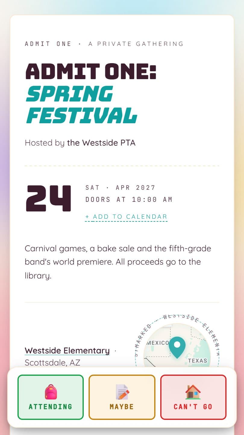 School Event example event page on a phone