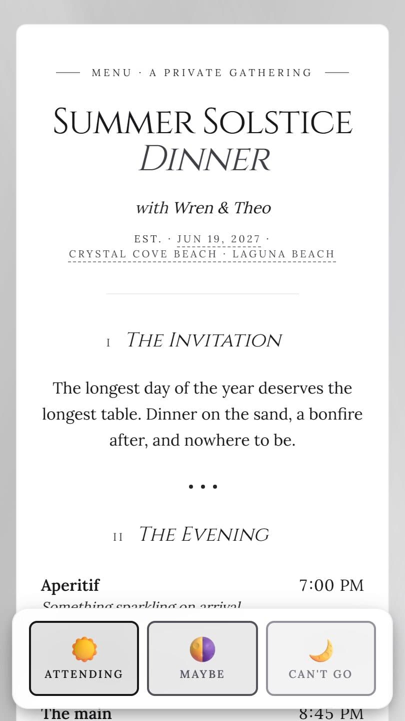 Solstice Gathering example event page on a phone