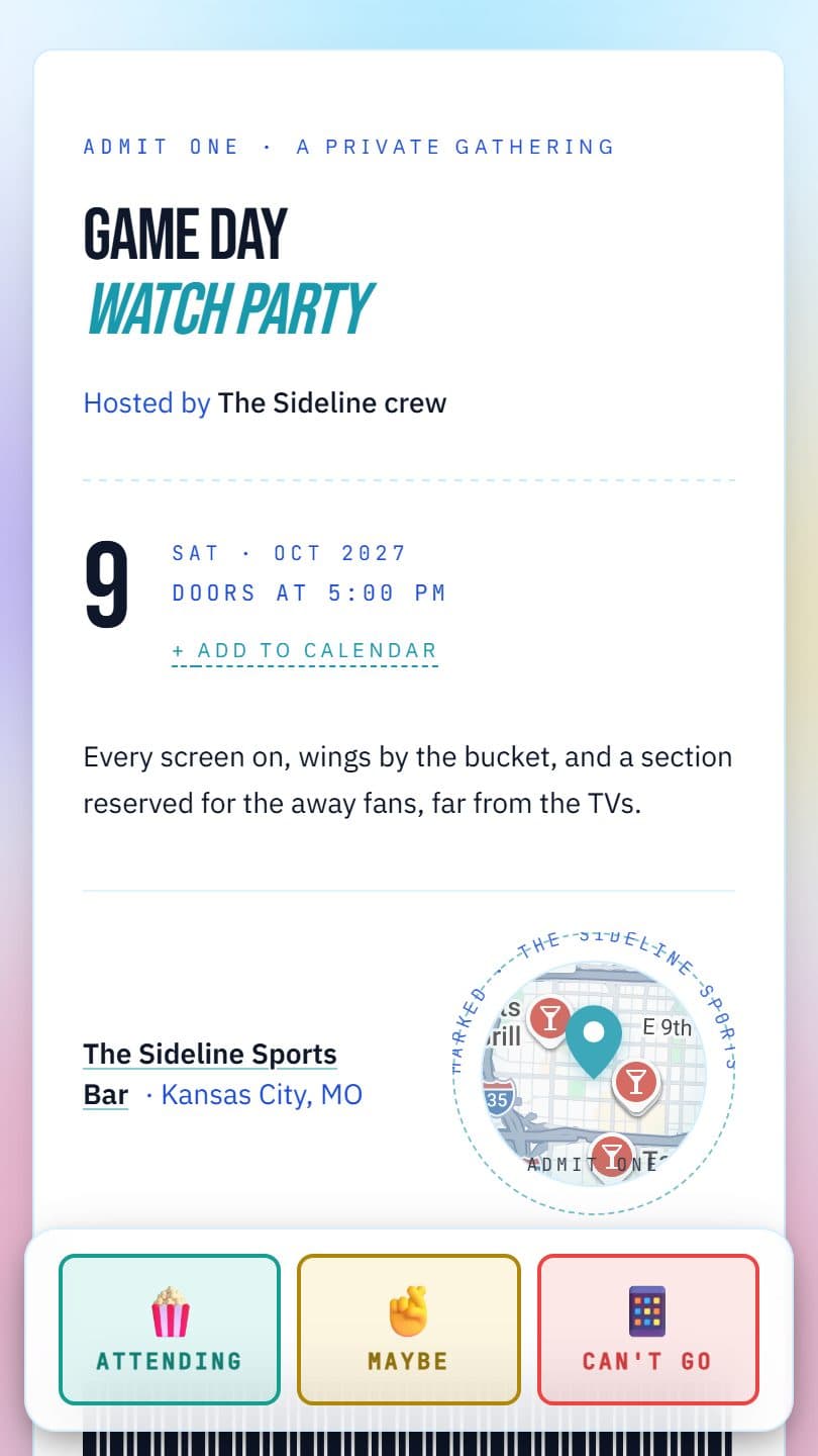 Sports Viewing Party example event page on a phone