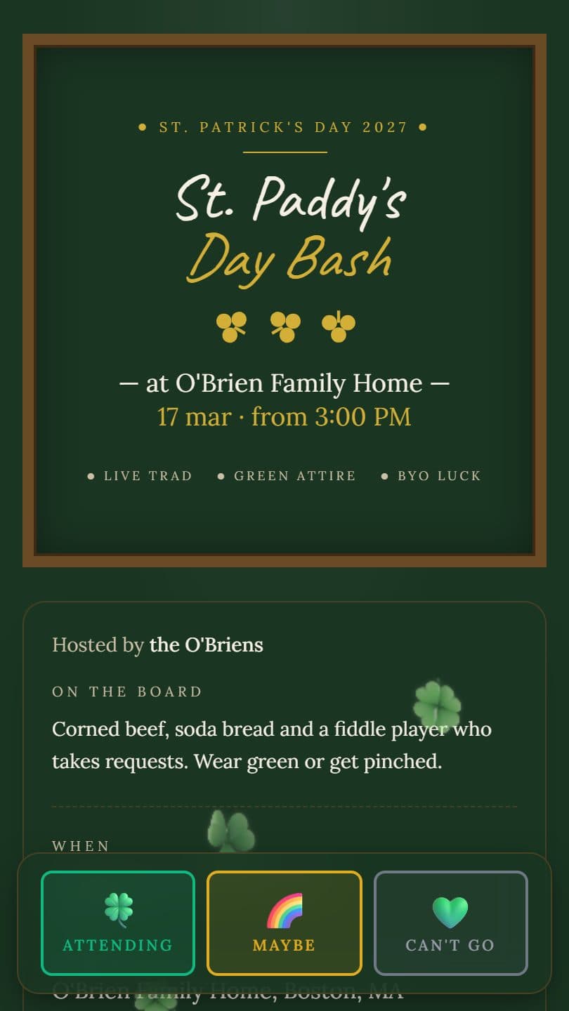 St. Patrick's Day Party example event page on a phone
