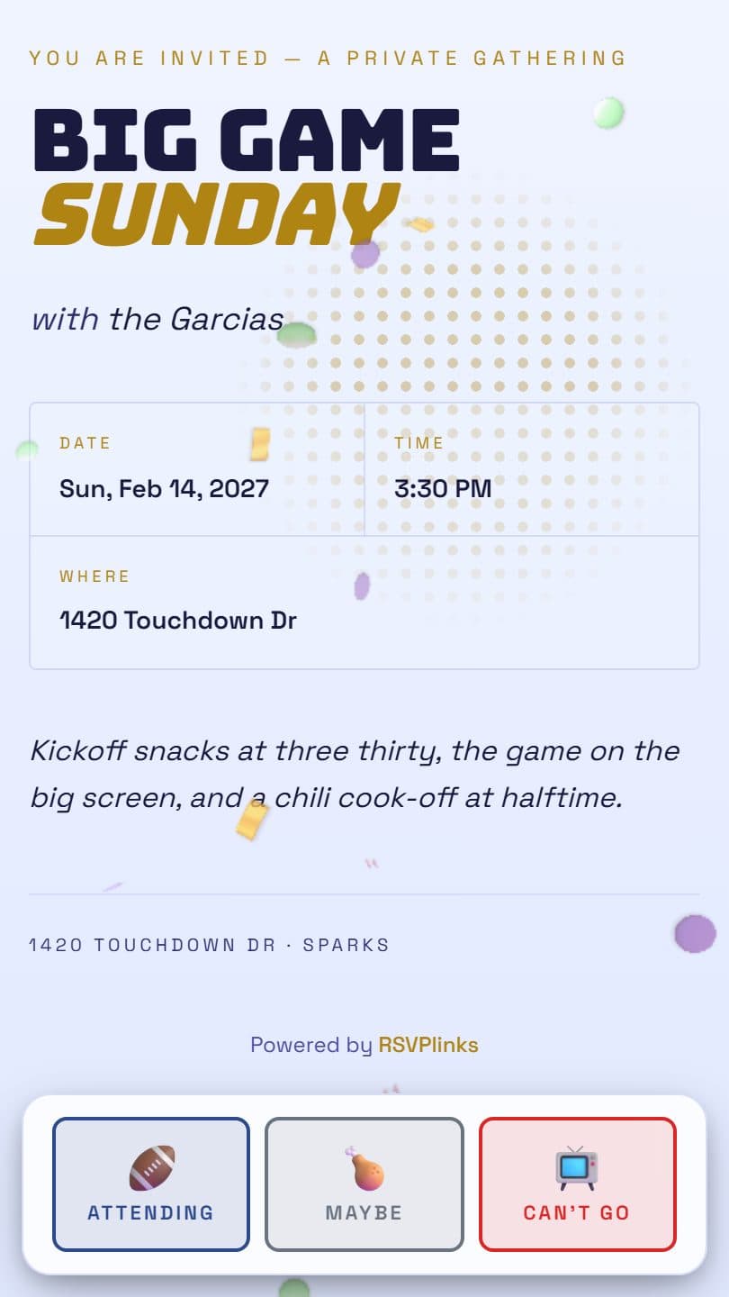 Super Bowl Party example event page on a phone