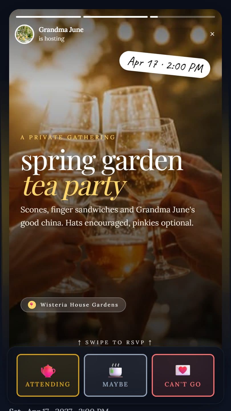 Tea Party example event page on a phone