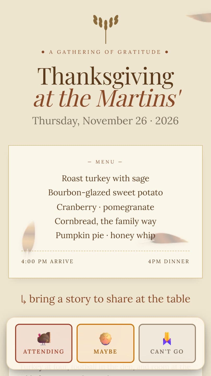 Thanksgiving Dinner example event page on a phone