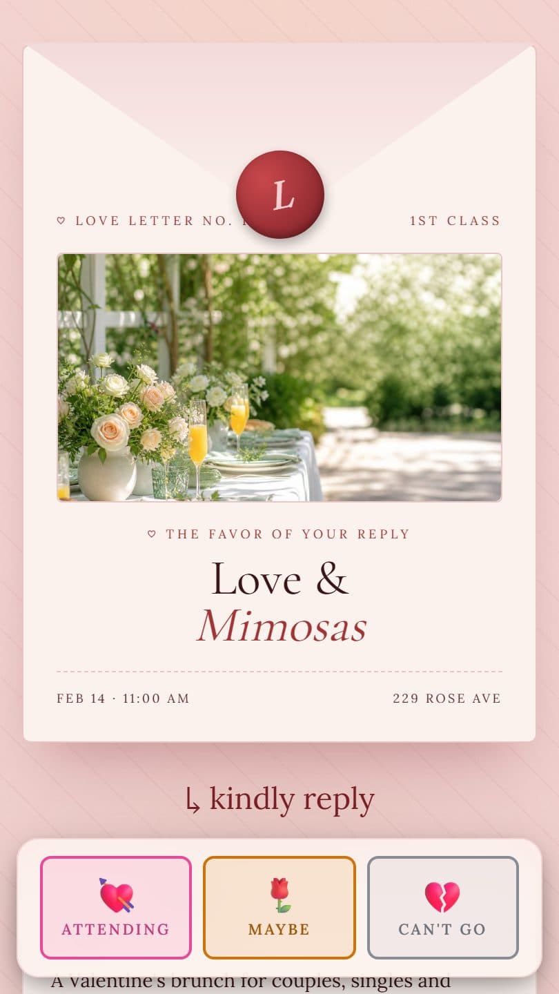 Valentine's Day Party example event page on a phone