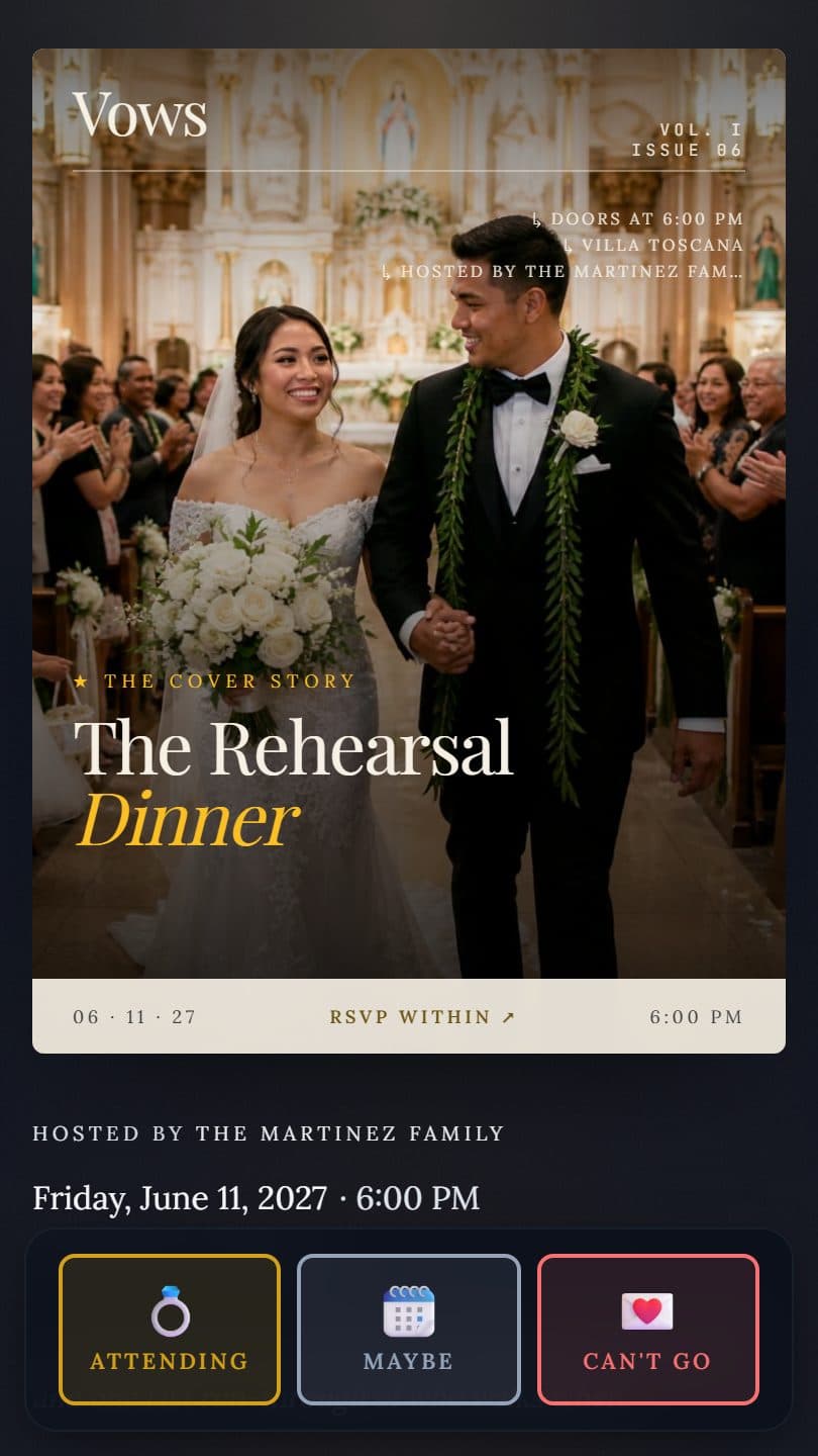 Wedding Rehearsal Dinner example event page on a phone