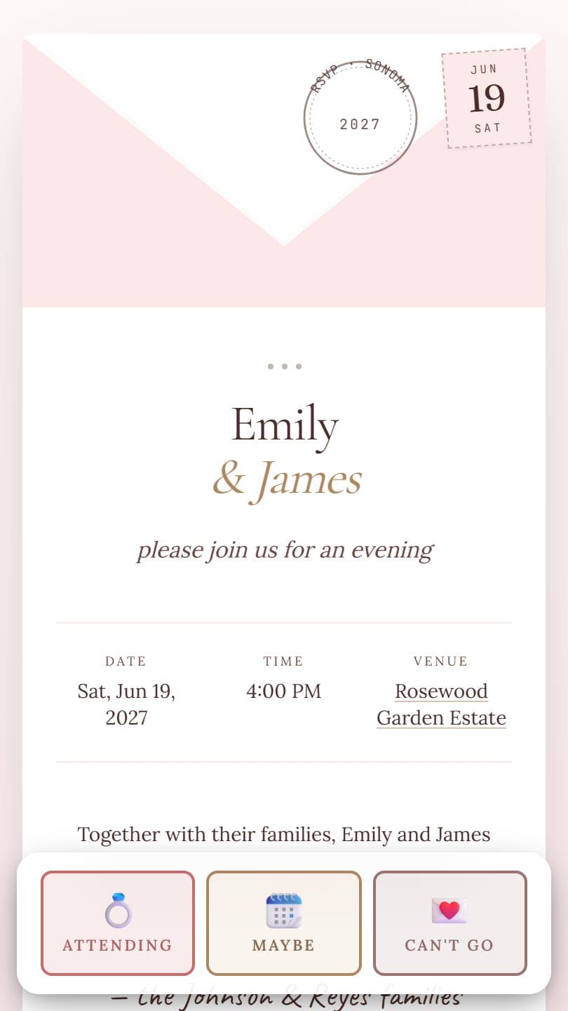 Wedding example event page on a phone