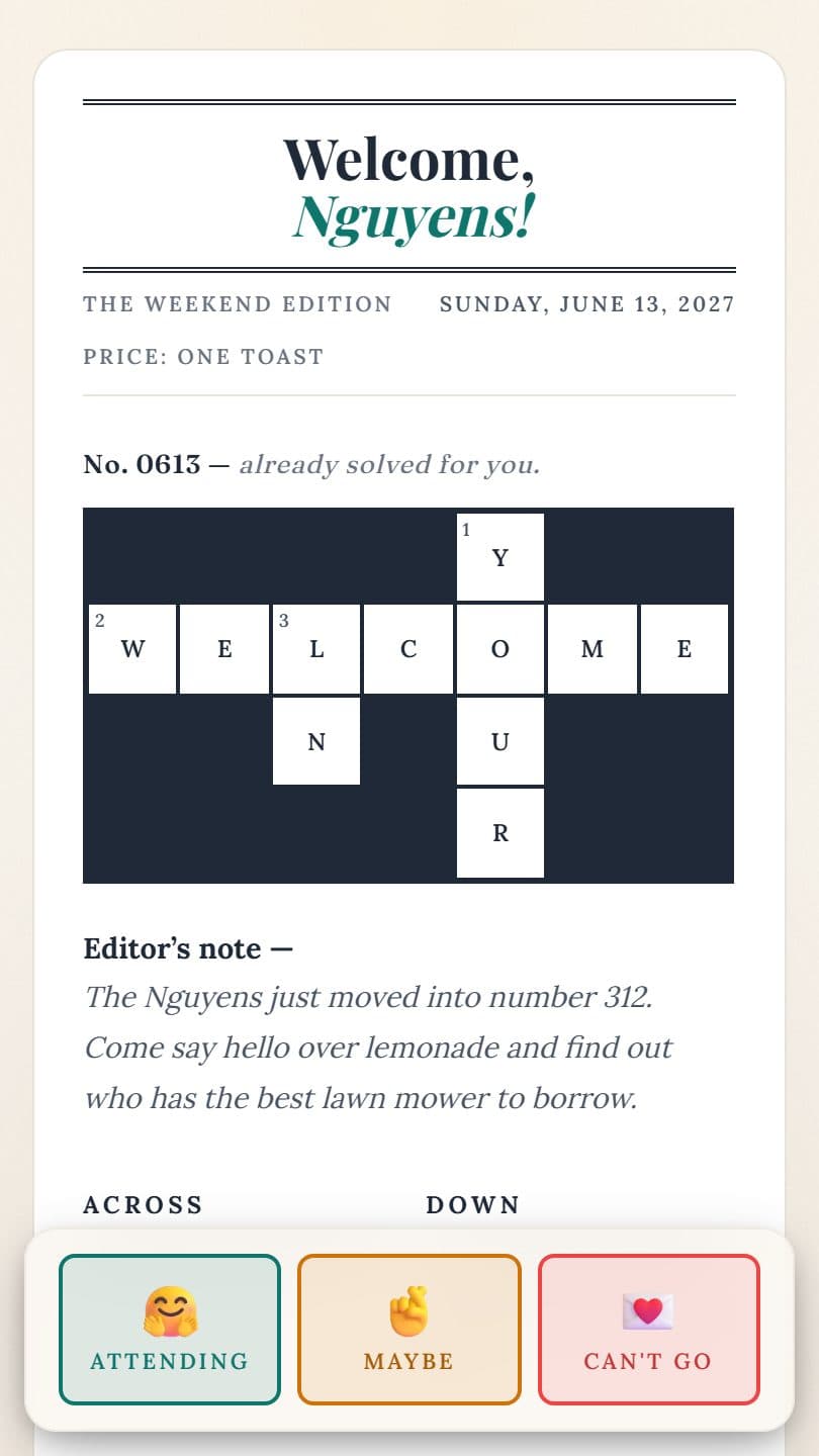 Welcome Party example event page on a phone