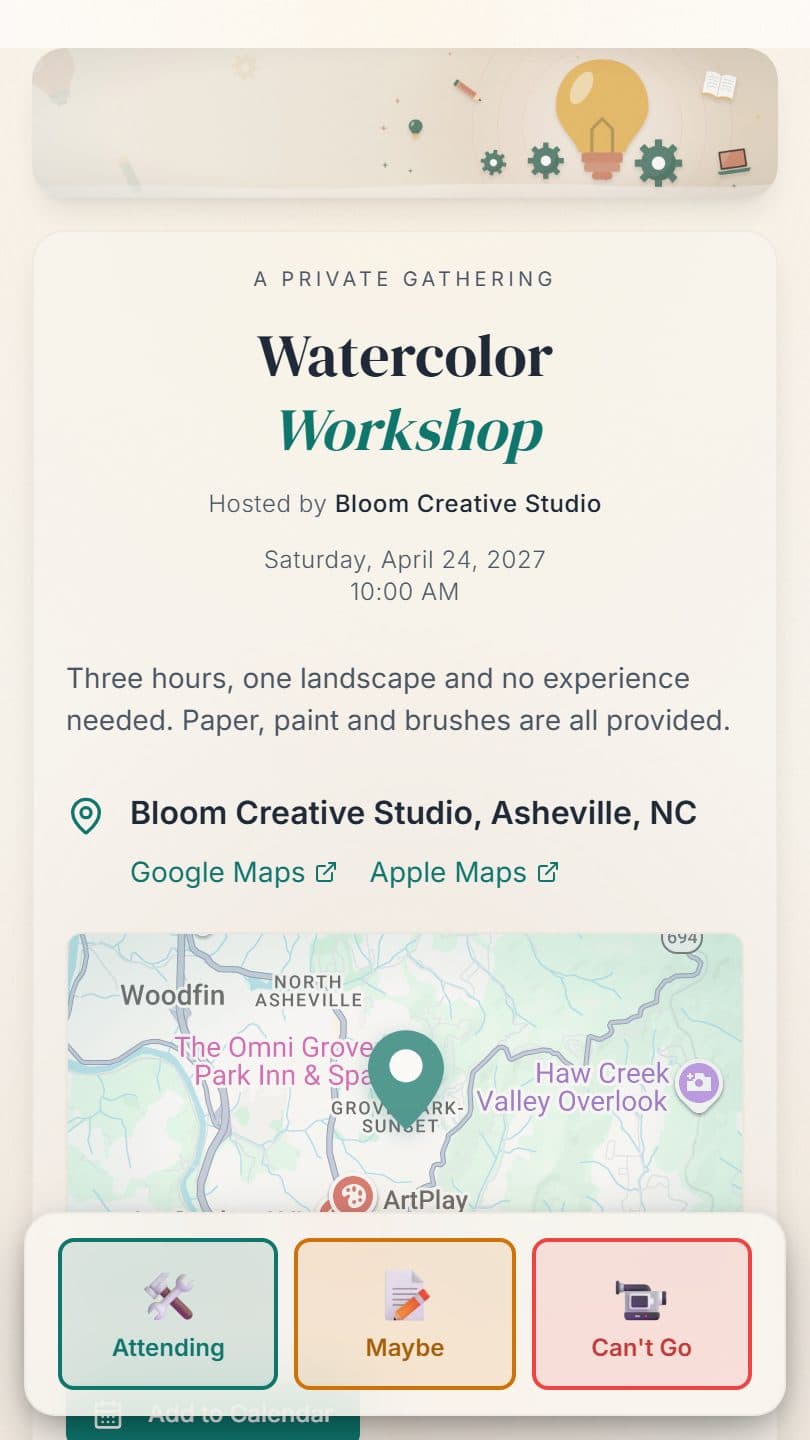 Workshop example event page on a phone