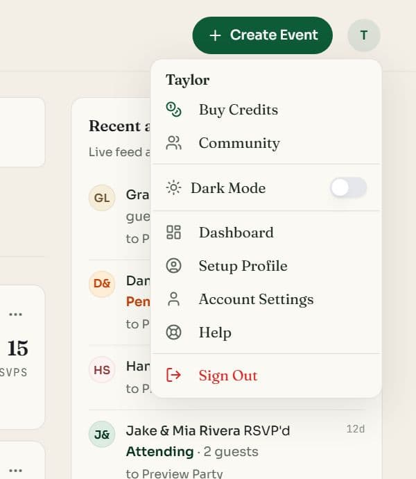 The account menu with Buy Credits, Community, Dark Mode, Dashboard, Setup Profile, Account Settings and Sign Out