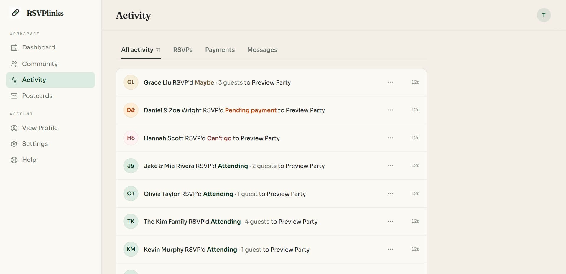 The Activity page with tabs for All activity, RSVPs, Payments and Messages and a list of recent RSVPs