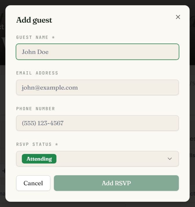 The Add guest dialog with guest name, email address, phone number and RSVP status fields