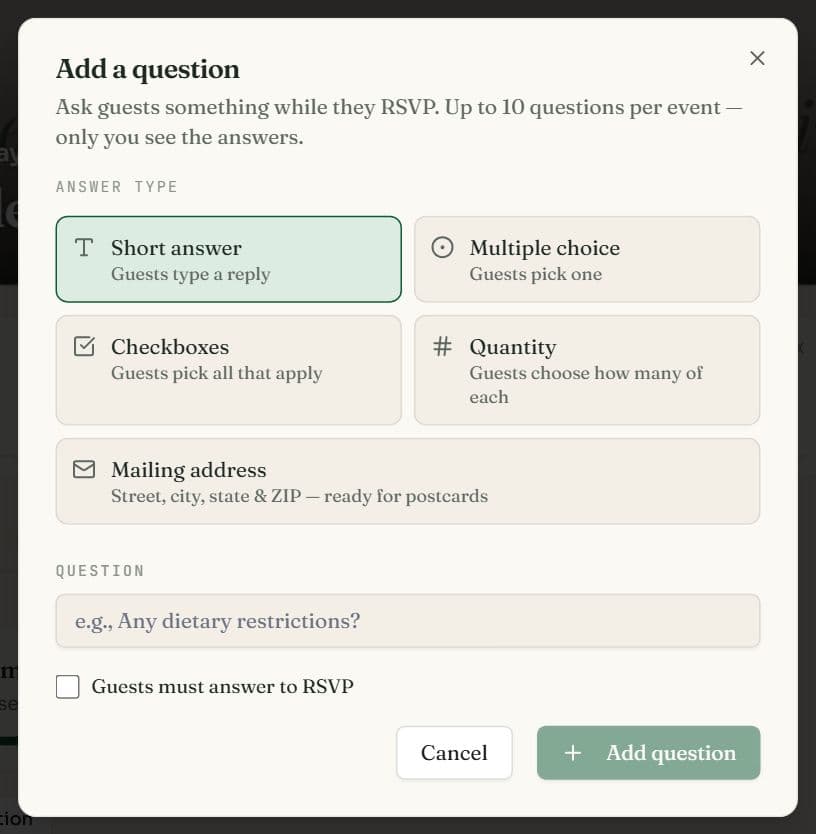 The Add a question dialog with answer types: Short answer, Multiple choice, Checkboxes, Quantity and Mailing address