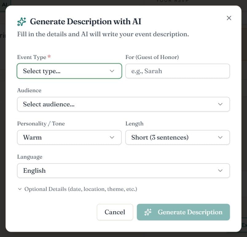 The Generate Description with AI dialog with fields for event type, guest of honor, audience, tone, length and language